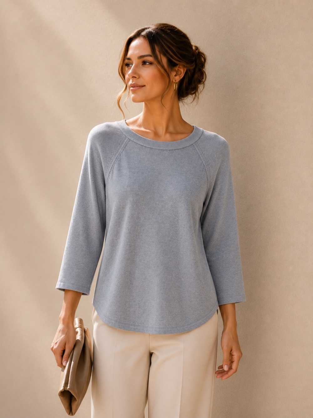 Jeanne Pierre 100% Cotton Sweater Large Blue Raglan Knit 3/4 Sleeve Lightweight - Picture 5 of 6